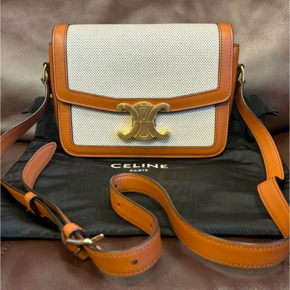 Celine triomphe teen classic box small textile and Calfskin tan natural handbag